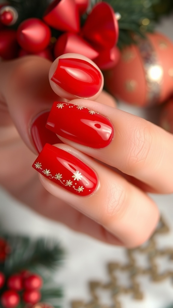 Close-up of classy red Christmas nails with glitter accents.